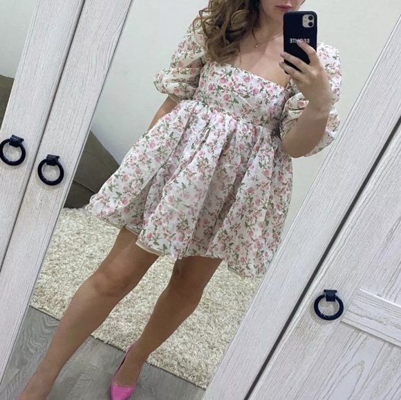 Reversible Floral Organza Babydoll Puff Dress - Picture 3 of 16